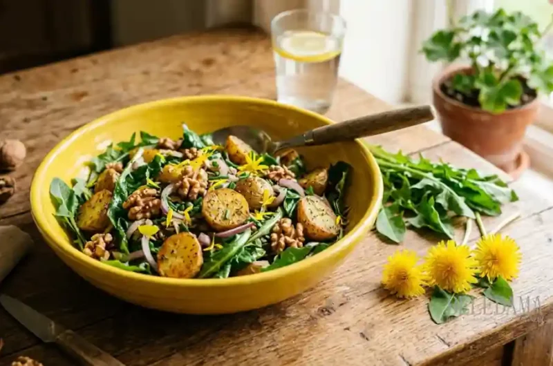 Rezept Löwenzahnsalat mit Bratkartoffel und Walnüssen
