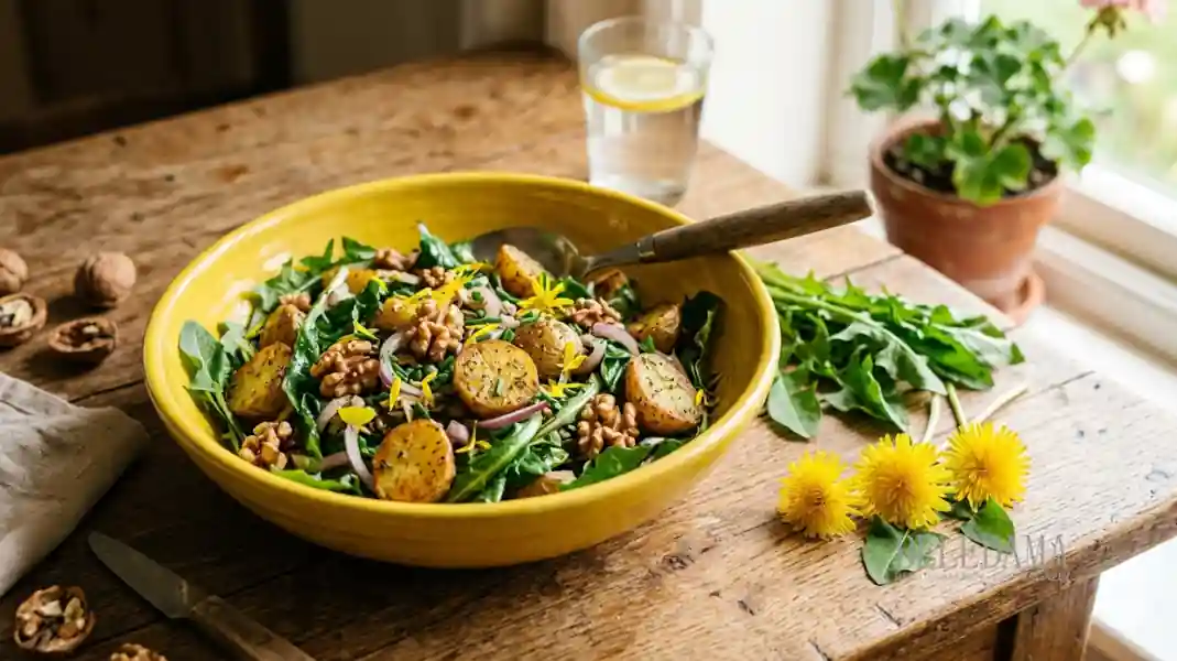 Löwenzahnsalat Rezept mit Bratkartoffel und Walnüssen