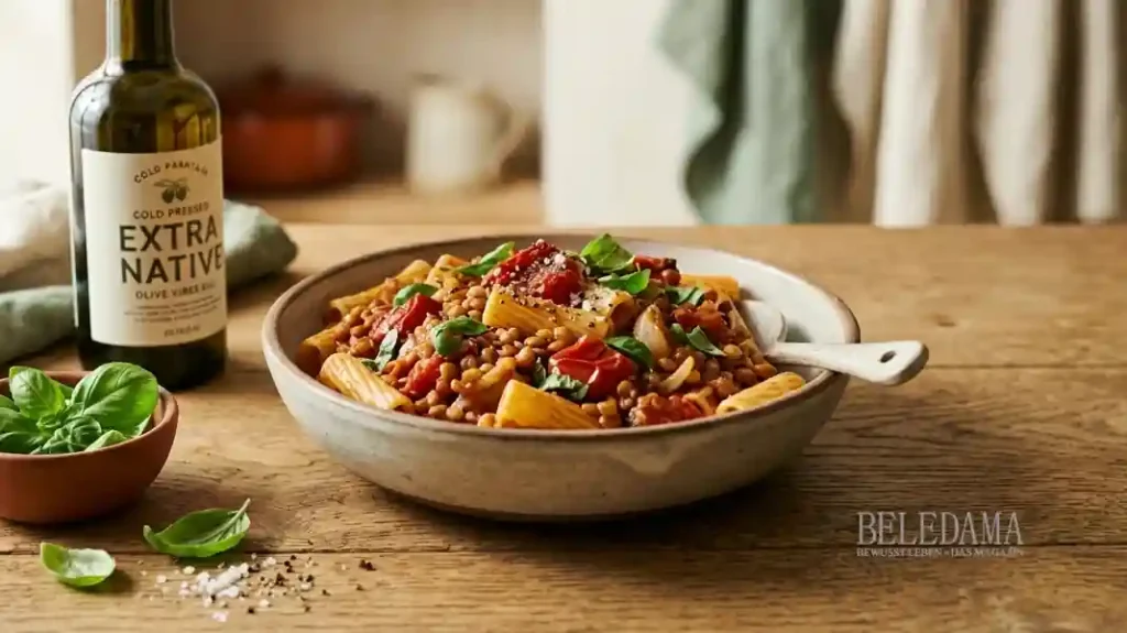 Geschmorte Tomaten-Linsen-Pasta: Der Bio-Booster