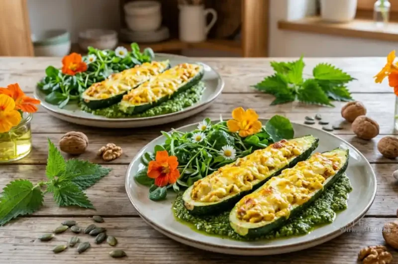 Rezept Zucchini-Schiffchen auf Brennnessel-Walnuss-Pesto